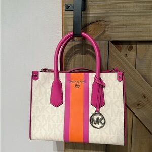 Michael Kors Signature Tote Bag | Pink Trim & Orange Stripe | Small Satchel